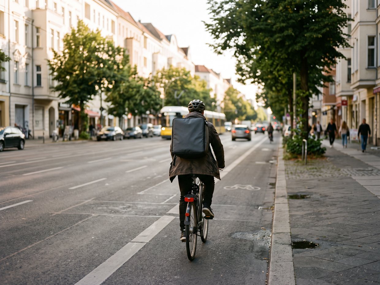 Fahrradkurier auf einer Straße in der Innenstadt, von hinten aufgenommen